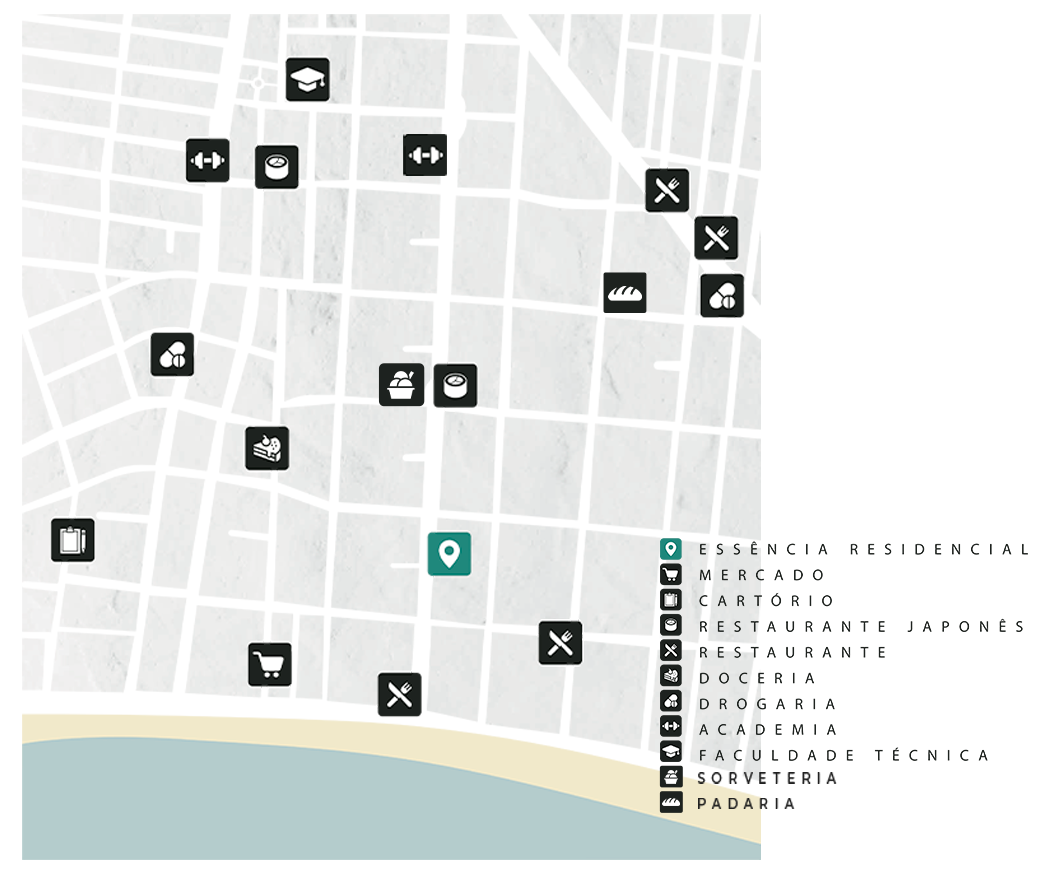 Mapa do entorno do Essência Residencial mostrando mercado, restaurantes, doceria, drogaria, academia, cartório, faculdade técnica, padaria e sorveteria próximos.